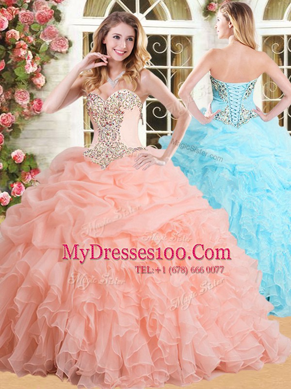 Edgy Sleeveless Organza Floor Length Lace Up Ball Gown Prom Dress in Peach with Appliques and Ruffles and Pick Ups