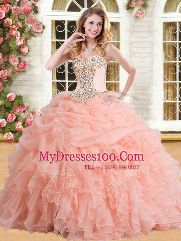Edgy Sleeveless Organza Floor Length Lace Up Ball Gown Prom Dress in Peach with Appliques and Ruffles and Pick Ups