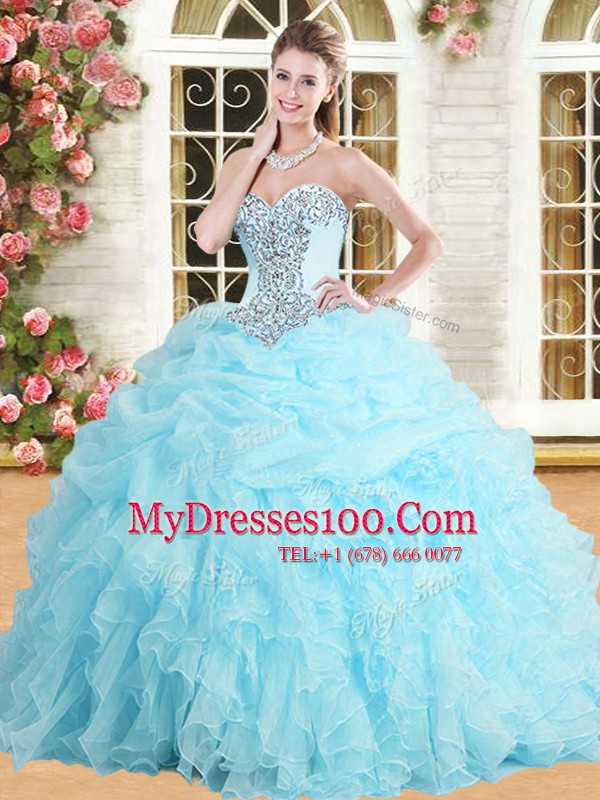 Edgy Sleeveless Organza Floor Length Lace Up Ball Gown Prom Dress in Peach with Appliques and Ruffles and Pick Ups