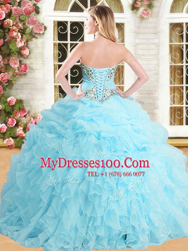 Edgy Sleeveless Organza Floor Length Lace Up Ball Gown Prom Dress in Peach with Appliques and Ruffles and Pick Ups
