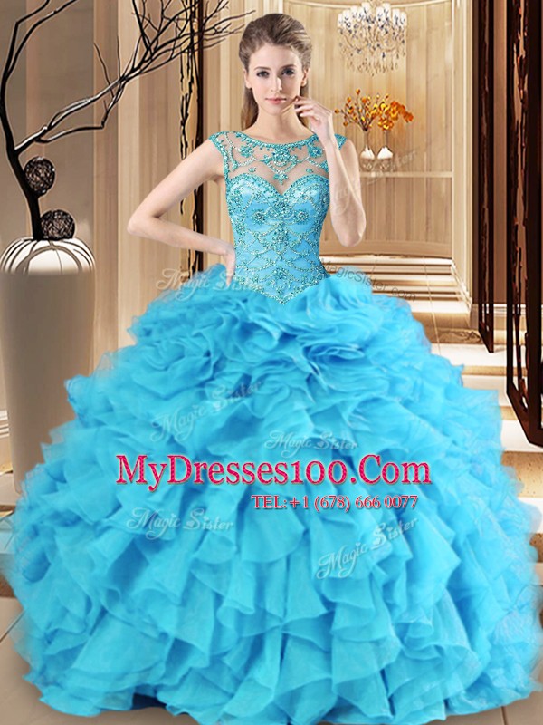 New Style Scoop Baby Blue Ball Gowns Beading and Ruffles Sweet 16 Dress Lace Up Organza Sleeveless Floor Length