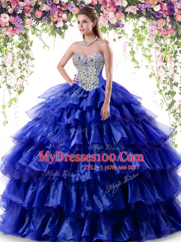 Ideal Floor Length Royal Blue Quinceanera Dress Organza Sleeveless Beading and Ruffled Layers