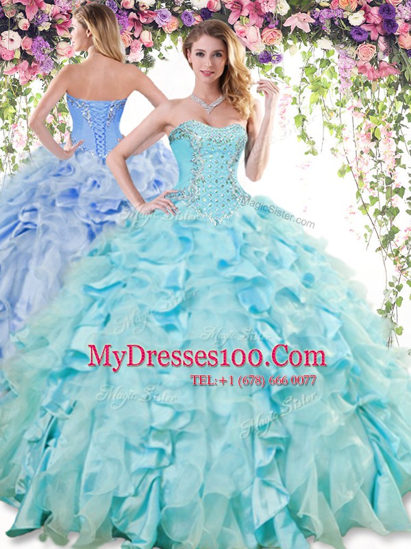 Organza and Taffeta Sweetheart Sleeveless Lace Up Ruffles 15th Birthday Dress in Baby Blue