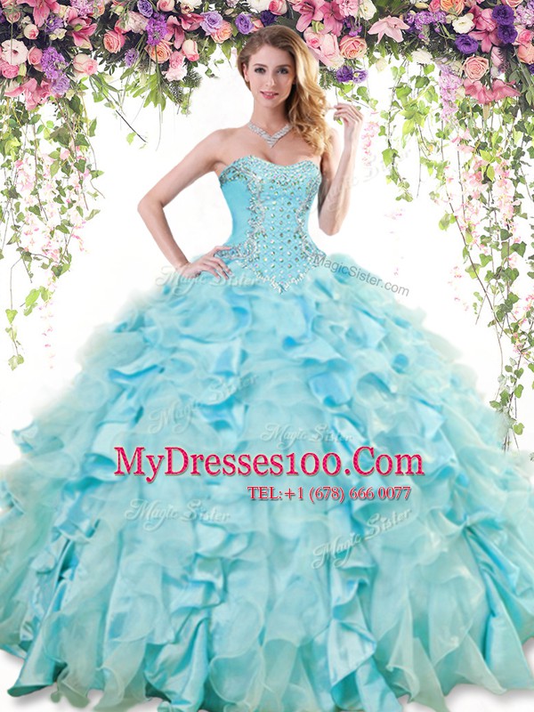 Organza and Taffeta Sweetheart Sleeveless Lace Up Ruffles 15th Birthday Dress in Baby Blue