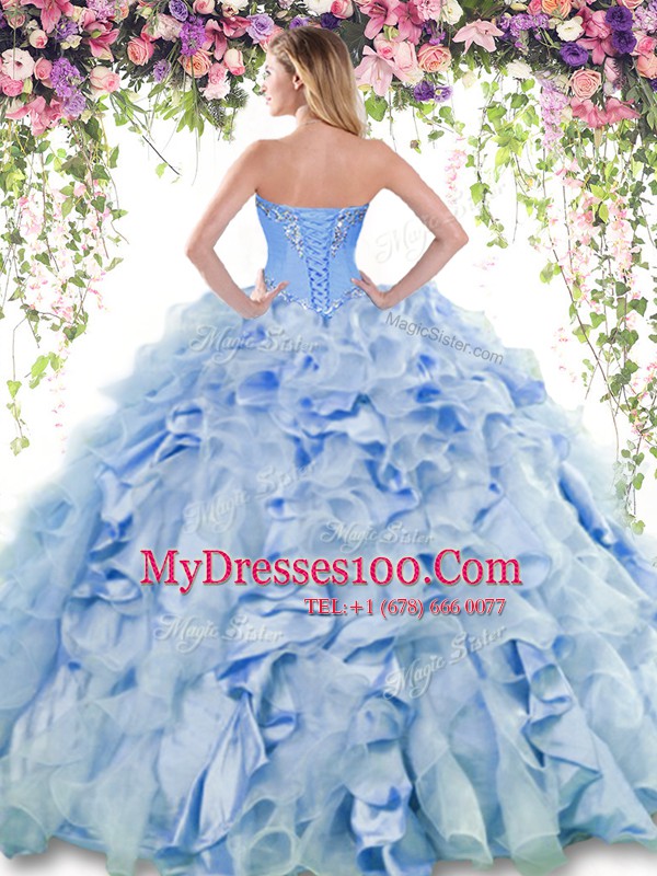 Organza and Taffeta Sweetheart Sleeveless Lace Up Ruffles 15th Birthday Dress in Baby Blue