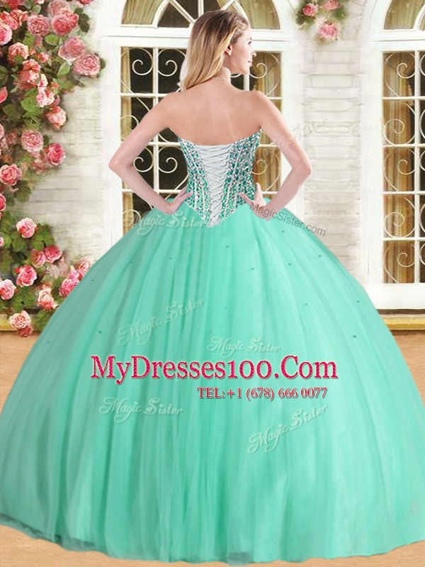 Floor Length Baby Blue 15 Quinceanera Dress Tulle Sleeveless Beading