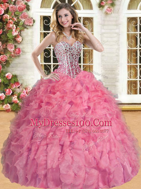 Exceptional Sleeveless Organza Floor Length Lace Up Vestidos de Quinceanera in Watermelon Red with Beading and Ruffles