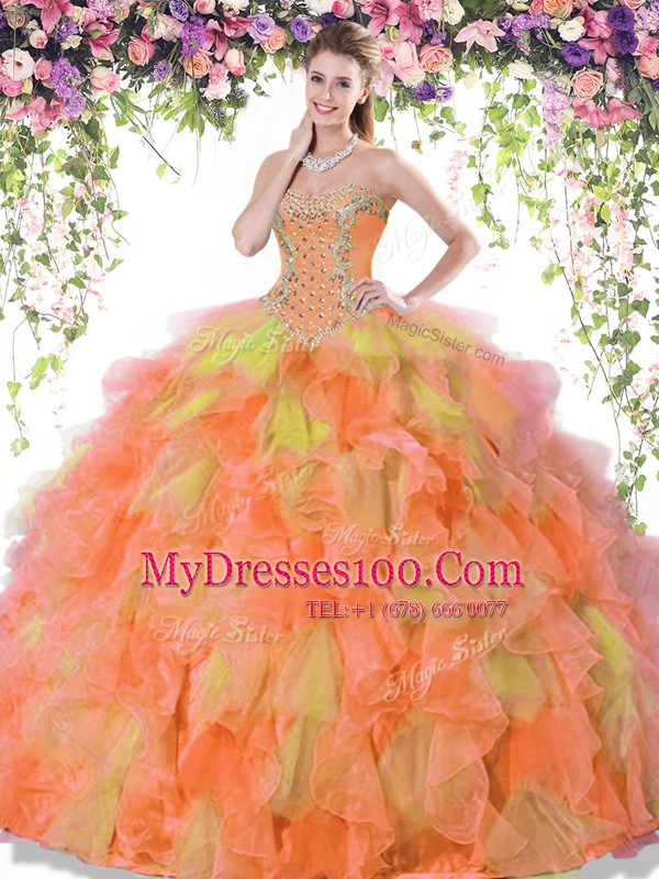 Spectacular Multi-color Lace Up 15th Birthday Dress Beading and Ruffles Sleeveless Floor Length