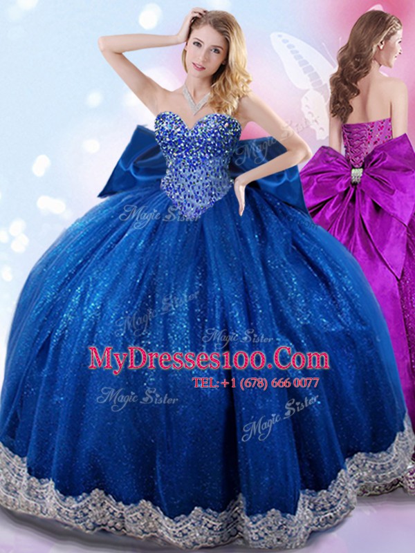 Floor Length Royal Blue Vestidos de Quinceanera Taffeta Sleeveless Beading and Lace and Bowknot