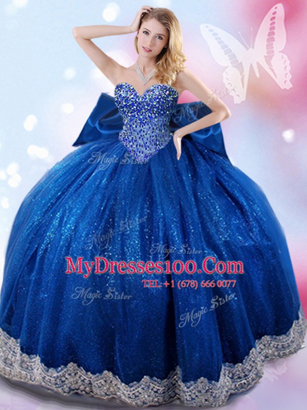 Floor Length Royal Blue Vestidos de Quinceanera Taffeta Sleeveless Beading and Lace and Bowknot