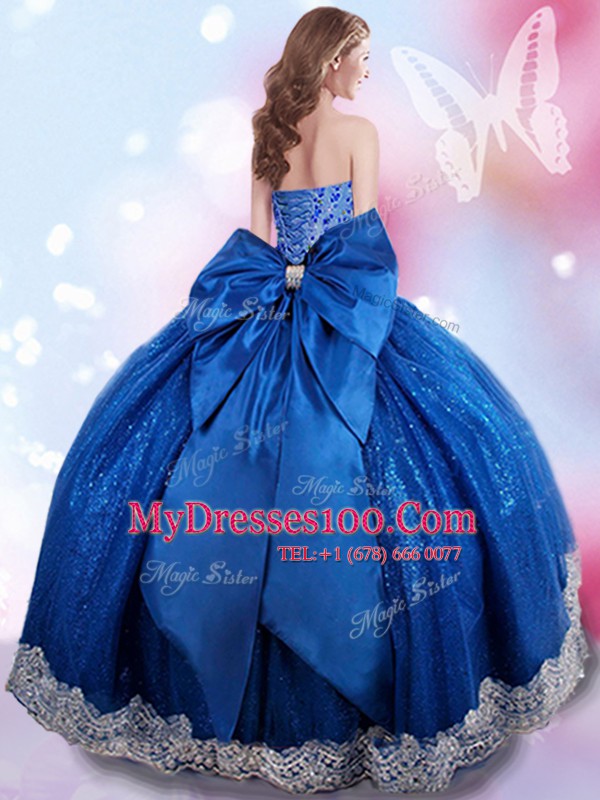 Floor Length Royal Blue Vestidos de Quinceanera Taffeta Sleeveless Beading and Lace and Bowknot
