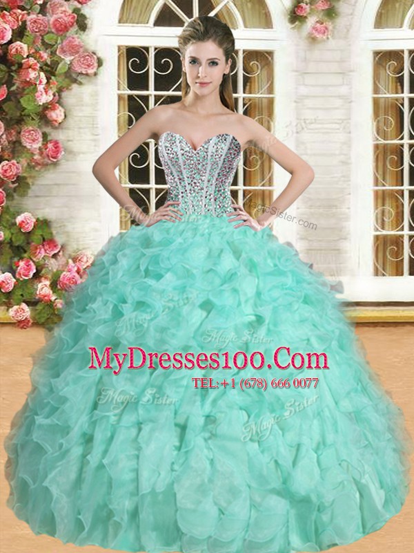 Graceful Apple Green Ball Gowns Beading and Ruffles Sweet 16 Dresses Lace Up Organza Sleeveless Floor Length