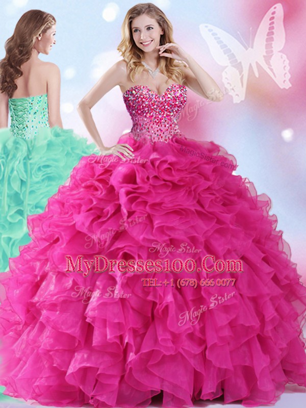 Floor Length Ball Gowns Sleeveless Hot Pink Quinceanera Dresses Lace Up