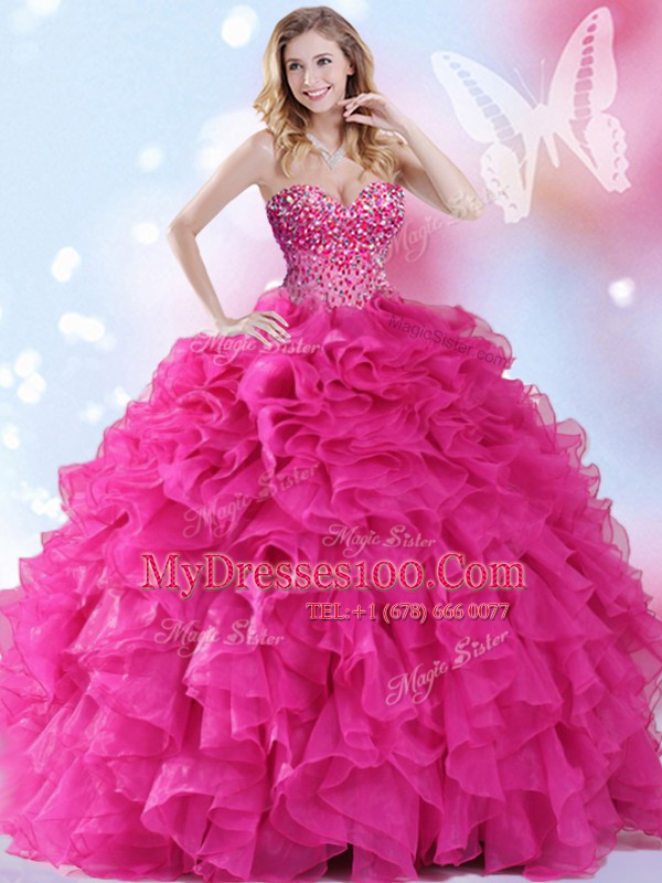 Floor Length Ball Gowns Sleeveless Hot Pink Quinceanera Dresses Lace Up
