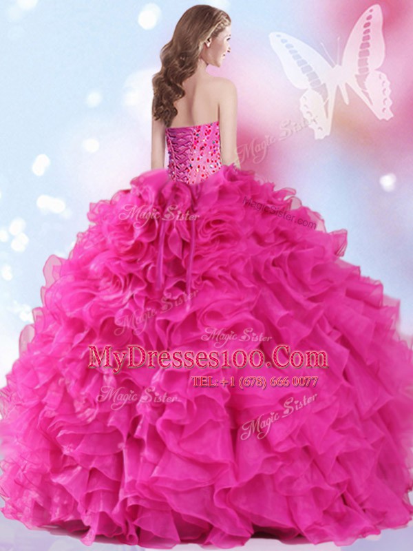 Floor Length Ball Gowns Sleeveless Hot Pink Quinceanera Dresses Lace Up