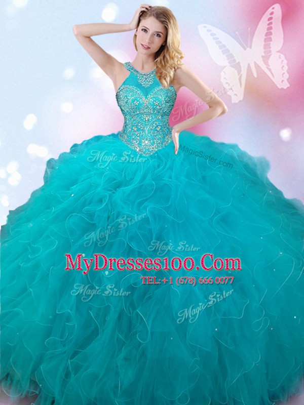 Admirable Tulle Halter Top Sleeveless Lace Up Beading Quinceanera Dresses in Teal