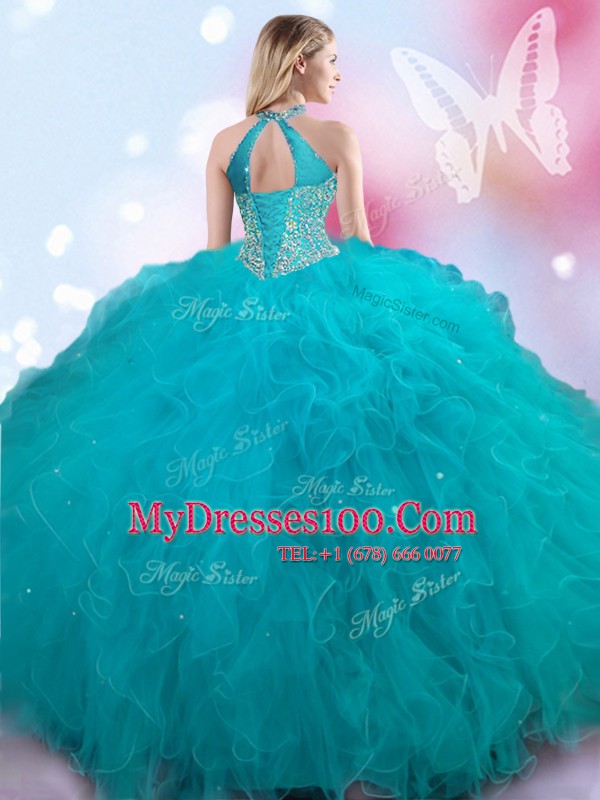 Admirable Tulle Halter Top Sleeveless Lace Up Beading Quinceanera Dresses in Teal
