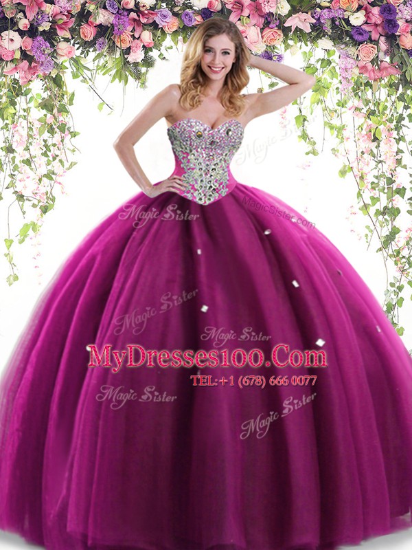 Fuchsia Tulle Lace Up Sweetheart Sleeveless Floor Length Vestidos de Quinceanera Beading