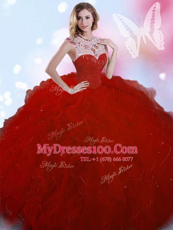 Wine Red Ball Gowns Beading Quinceanera Gown Zipper Tulle Sleeveless Floor Length