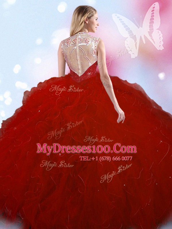 Wine Red Ball Gowns Beading Quinceanera Gown Zipper Tulle Sleeveless Floor Length