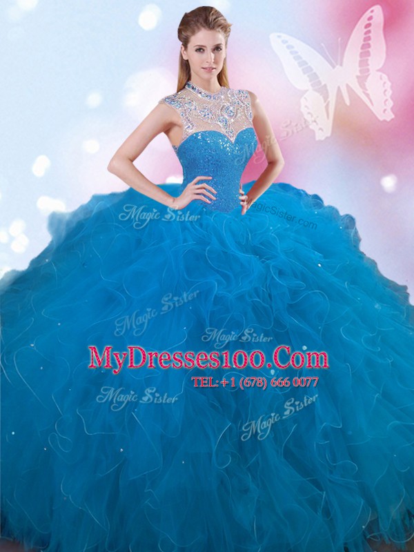 Affordable Sleeveless Tulle Floor Length Lace Up Sweet 16 Dress in Blue with Beading