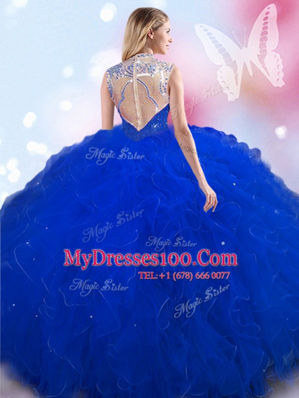 Affordable Sleeveless Tulle Floor Length Lace Up Sweet 16 Dress in Blue with Beading