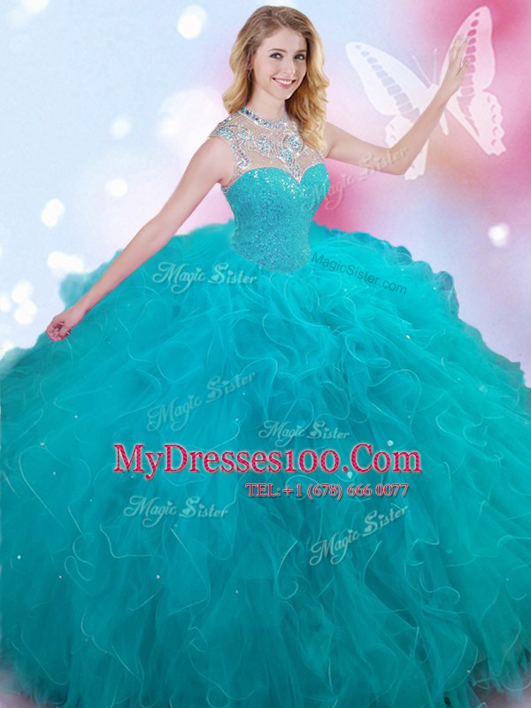 Ball Gowns Vestidos de Quinceanera Teal High-neck Tulle Sleeveless Floor Length Lace Up
