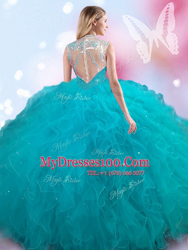 Ball Gowns Vestidos de Quinceanera Teal High-neck Tulle Sleeveless Floor Length Lace Up