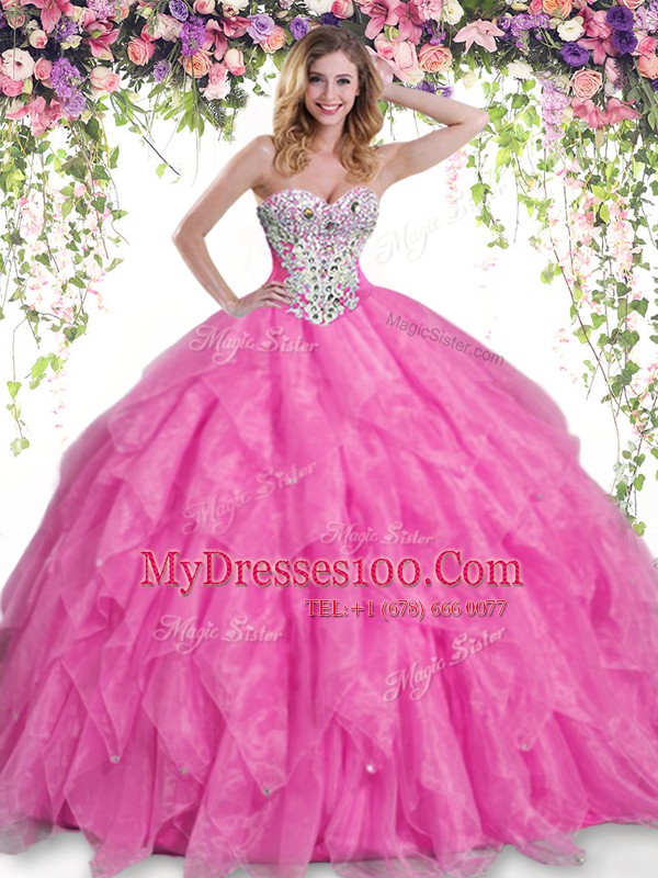 Edgy Hot Pink Organza Lace Up 15th Birthday Dress Sleeveless Floor Length Beading and Ruffles