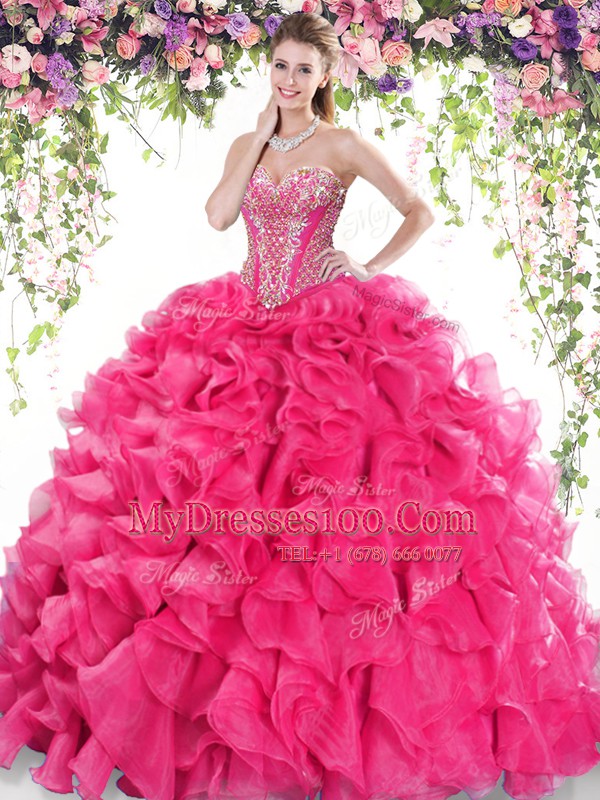 Hot Pink Vestidos de Quinceanera Organza Sweep Train Sleeveless Beading and Ruffles