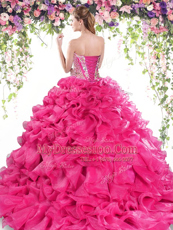 Hot Pink Vestidos de Quinceanera Organza Sweep Train Sleeveless Beading and Ruffles