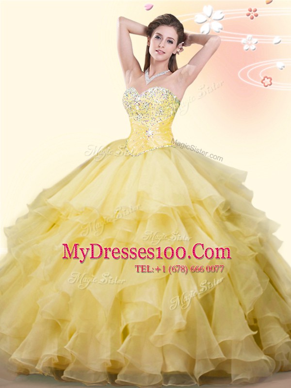 Hot Selling Yellow Sleeveless Beading and Ruffles Floor Length Quinceanera Dress