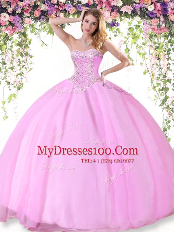 Modern Rose Pink Sweetheart Lace Up Beading 15th Birthday Dress Sleeveless