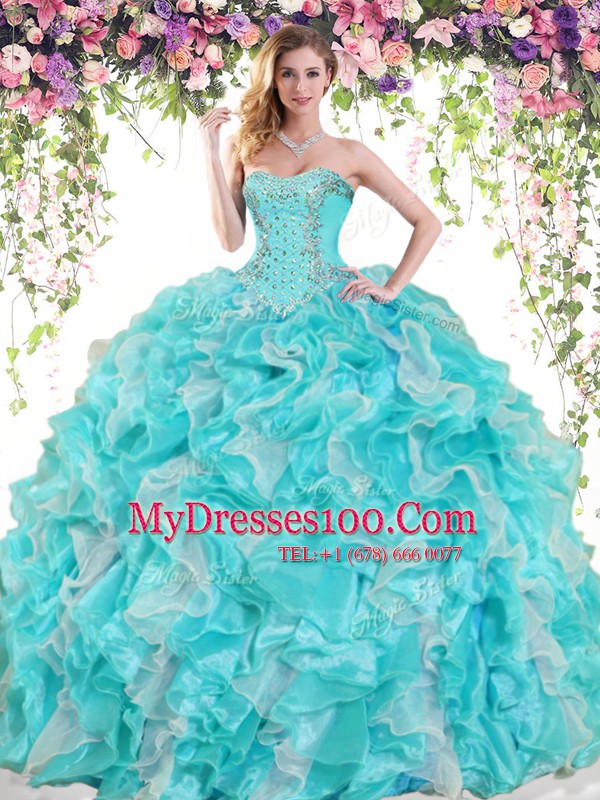 Blue And White Sweetheart Neckline Beading and Ruffles 15 Quinceanera Dress Sleeveless Lace Up
