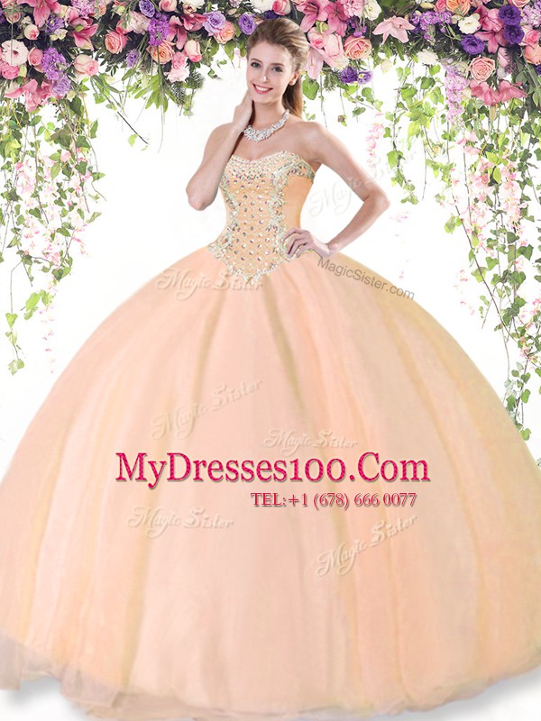 Customized Peach Sleeveless Tulle Lace Up 15 Quinceanera Dress for Military Ball and Sweet 16 and Quinceanera
