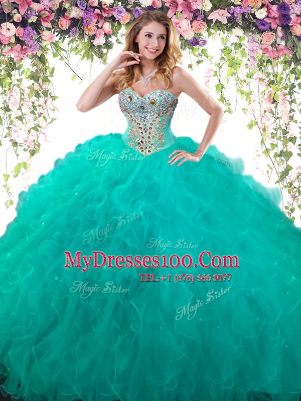 Floor Length Turquoise Quince Ball Gowns Tulle Sleeveless Beading