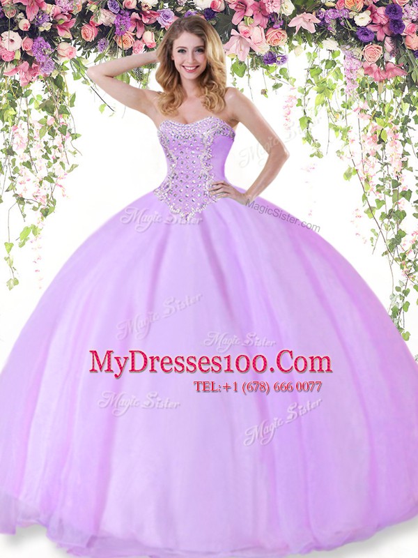 Sweetheart Sleeveless Sweet 16 Dress Floor Length Beading Lilac Tulle