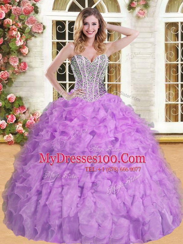 Dramatic Floor Length Ball Gowns Sleeveless Lavender Sweet 16 Dresses Lace Up