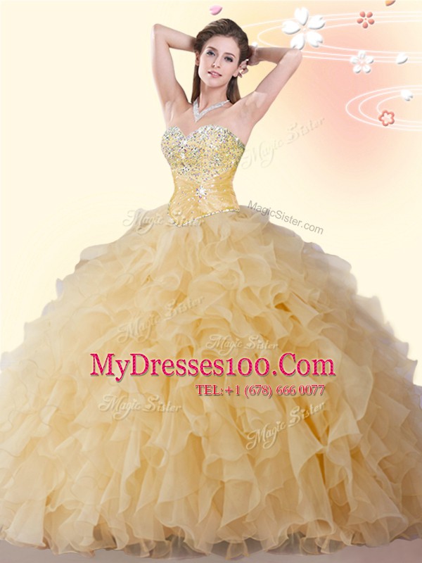 Free and Easy Sleeveless Organza Floor Length Lace Up Quince Ball Gowns in Gold with Beading and Ruffles