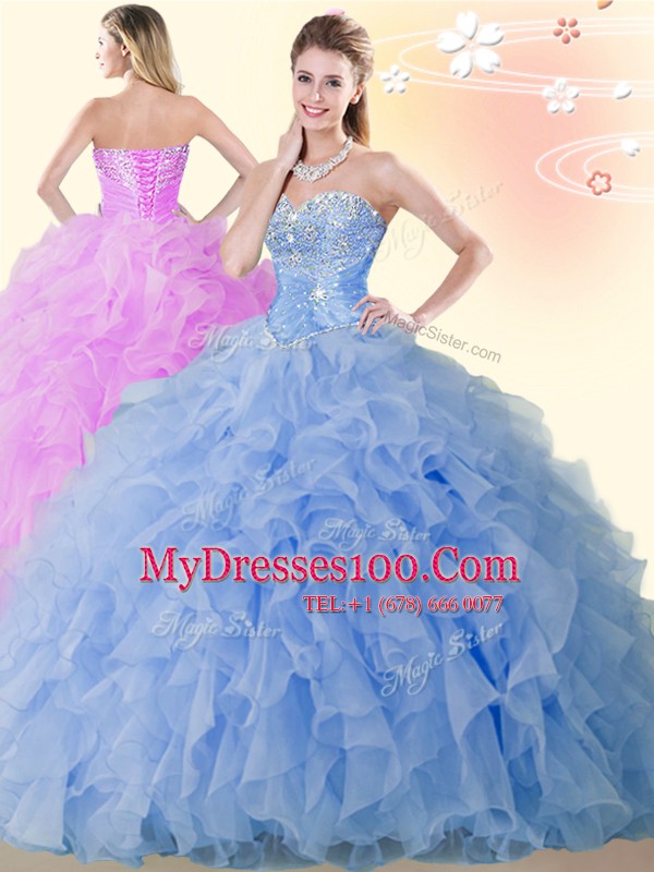 Sleeveless Lace Up Floor Length Beading and Ruffles Quinceanera Gown