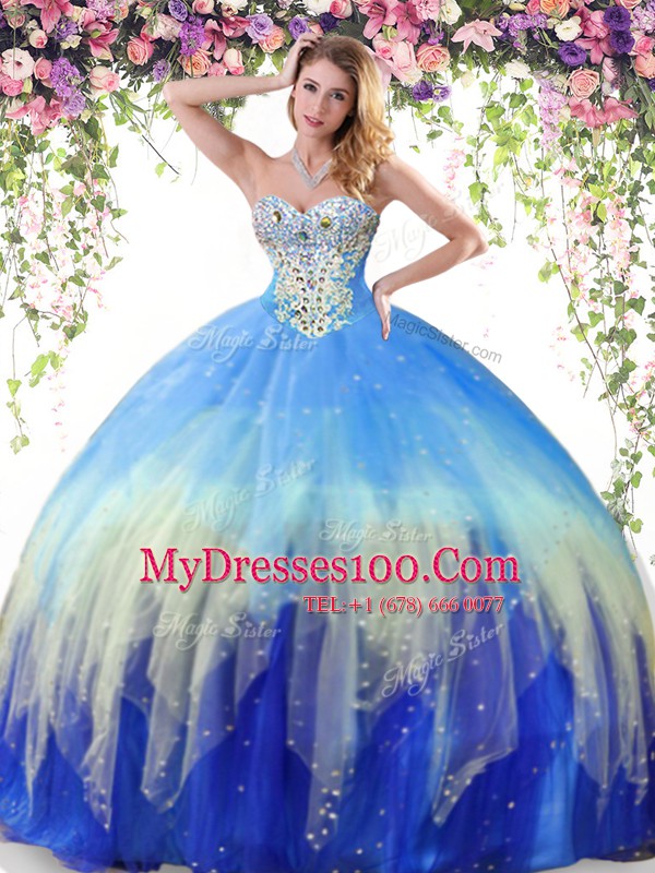 Sleeveless Tulle Floor Length Lace Up Sweet 16 Quinceanera Dress in Multi-color with Beading