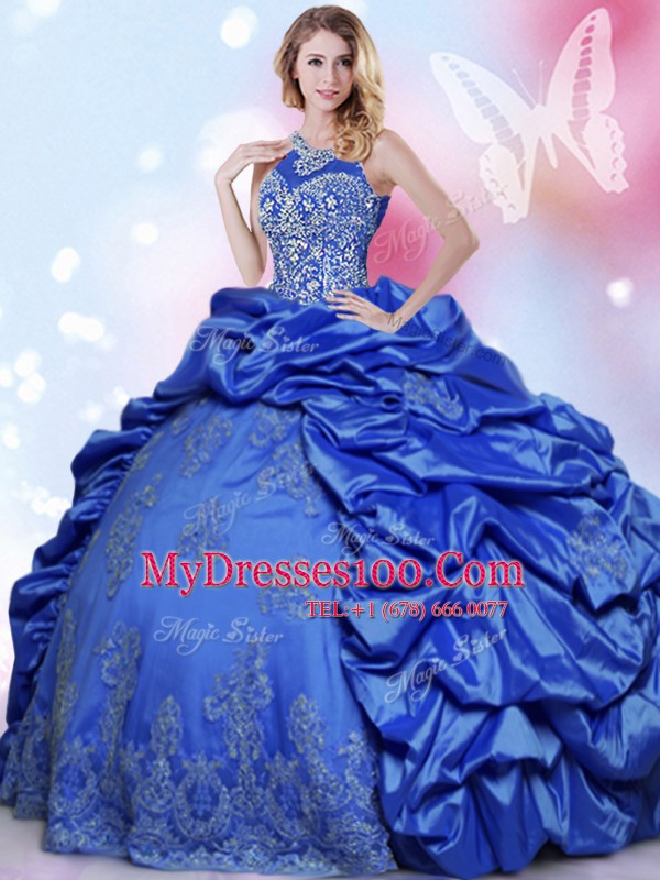 Designer Halter Top Blue Lace Up Quinceanera Gowns Beading and Lace and Appliques and Pick Ups Sleeveless Floor Length