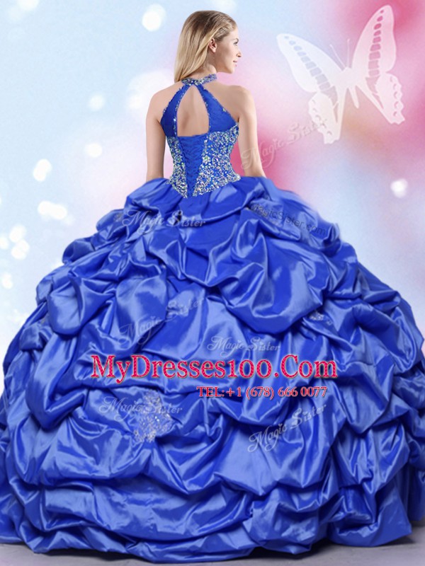 Designer Halter Top Blue Lace Up Quinceanera Gowns Beading and Lace and Appliques and Pick Ups Sleeveless Floor Length