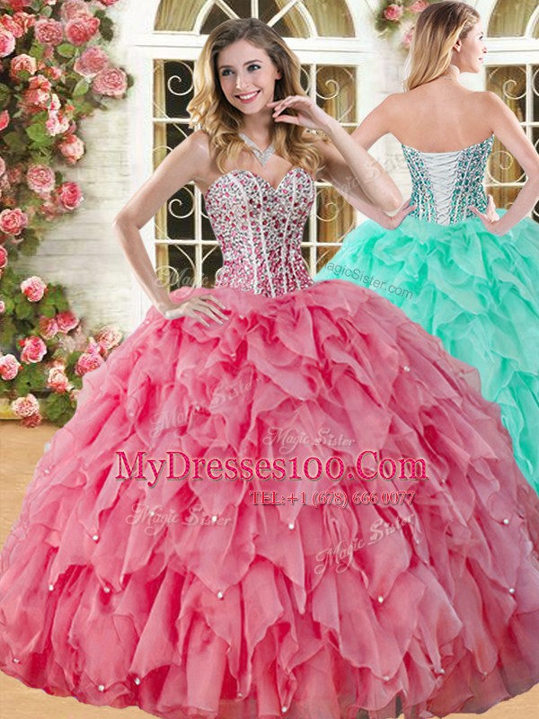 Pretty Sleeveless Organza Floor Length Lace Up Quinceanera Gowns in Coral Red with Beading and Ruffles
