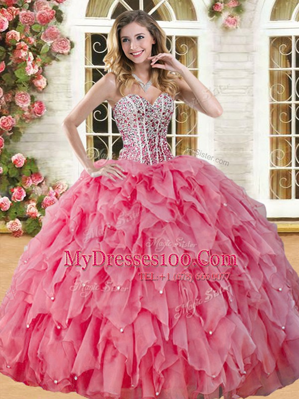Pretty Sleeveless Organza Floor Length Lace Up Quinceanera Gowns in Coral Red with Beading and Ruffles