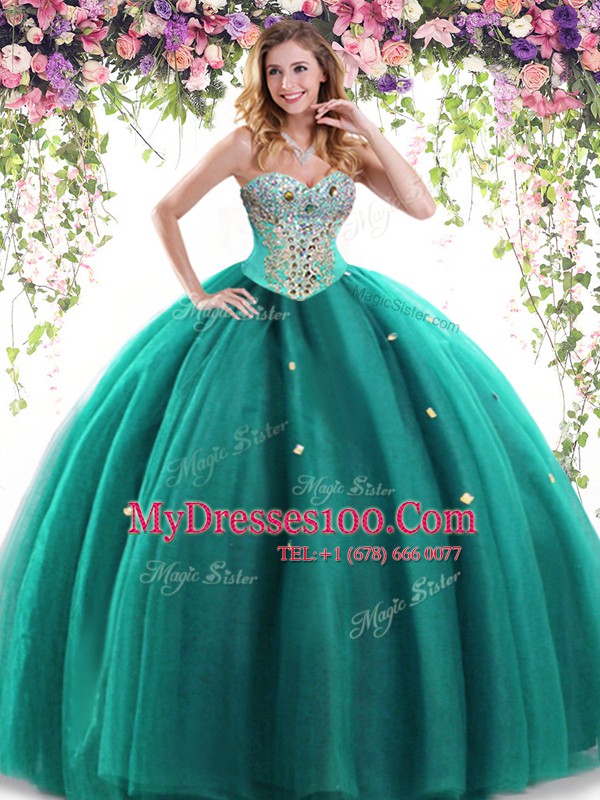 Flirting Floor Length Dark Green Sweet 16 Dress Tulle Sleeveless Beading