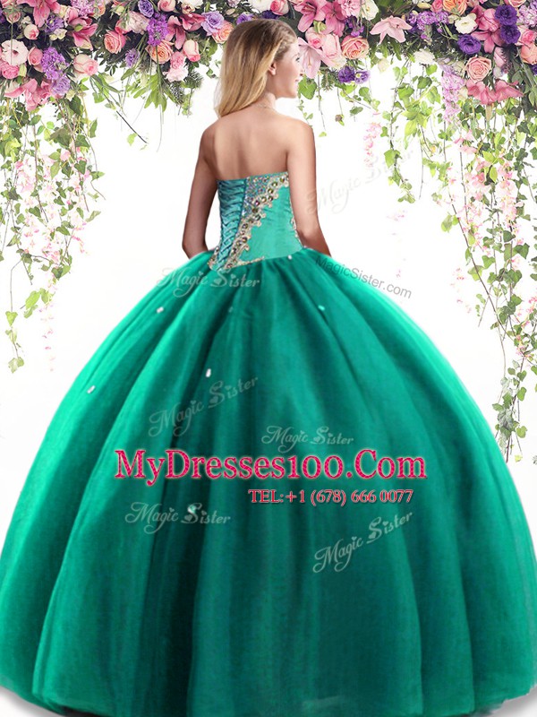 Flirting Floor Length Dark Green Sweet 16 Dress Tulle Sleeveless Beading