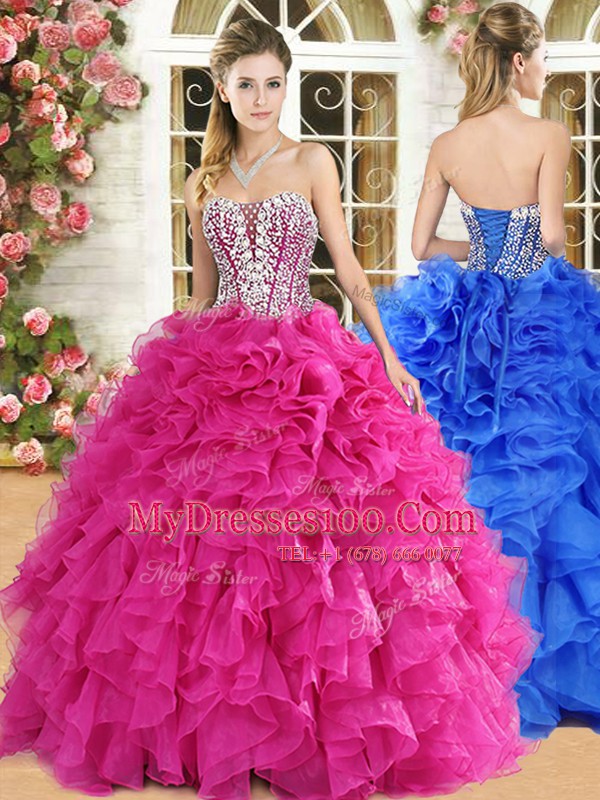 Ball Gowns Quinceanera Dress Hot Pink Strapless Organza Sleeveless Floor Length Lace Up
