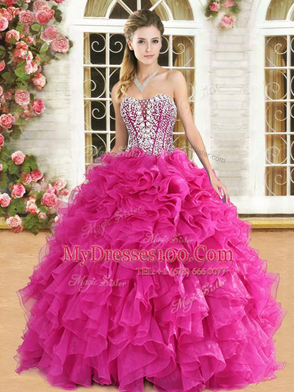 Ball Gowns Quinceanera Dress Hot Pink Strapless Organza Sleeveless Floor Length Lace Up