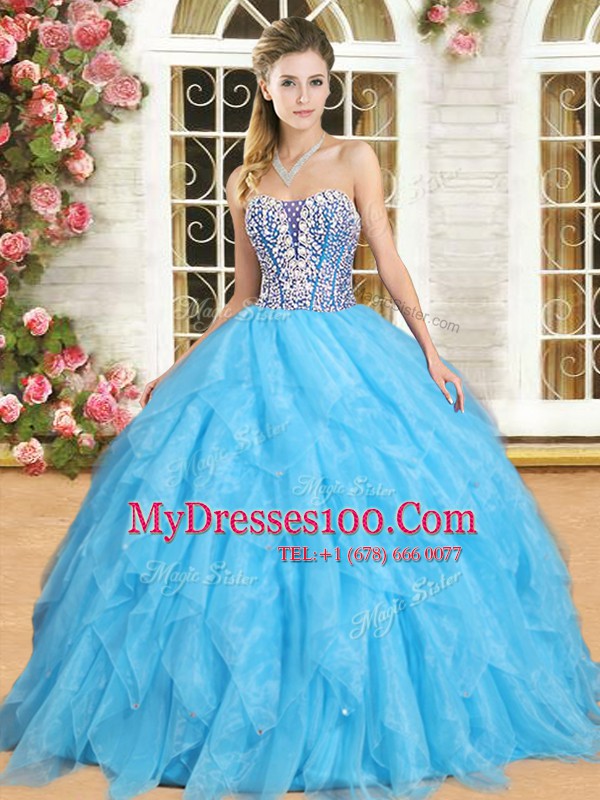 Fancy Beading and Ruffles Sweet 16 Quinceanera Dress Aqua Blue Lace Up Sleeveless Floor Length
